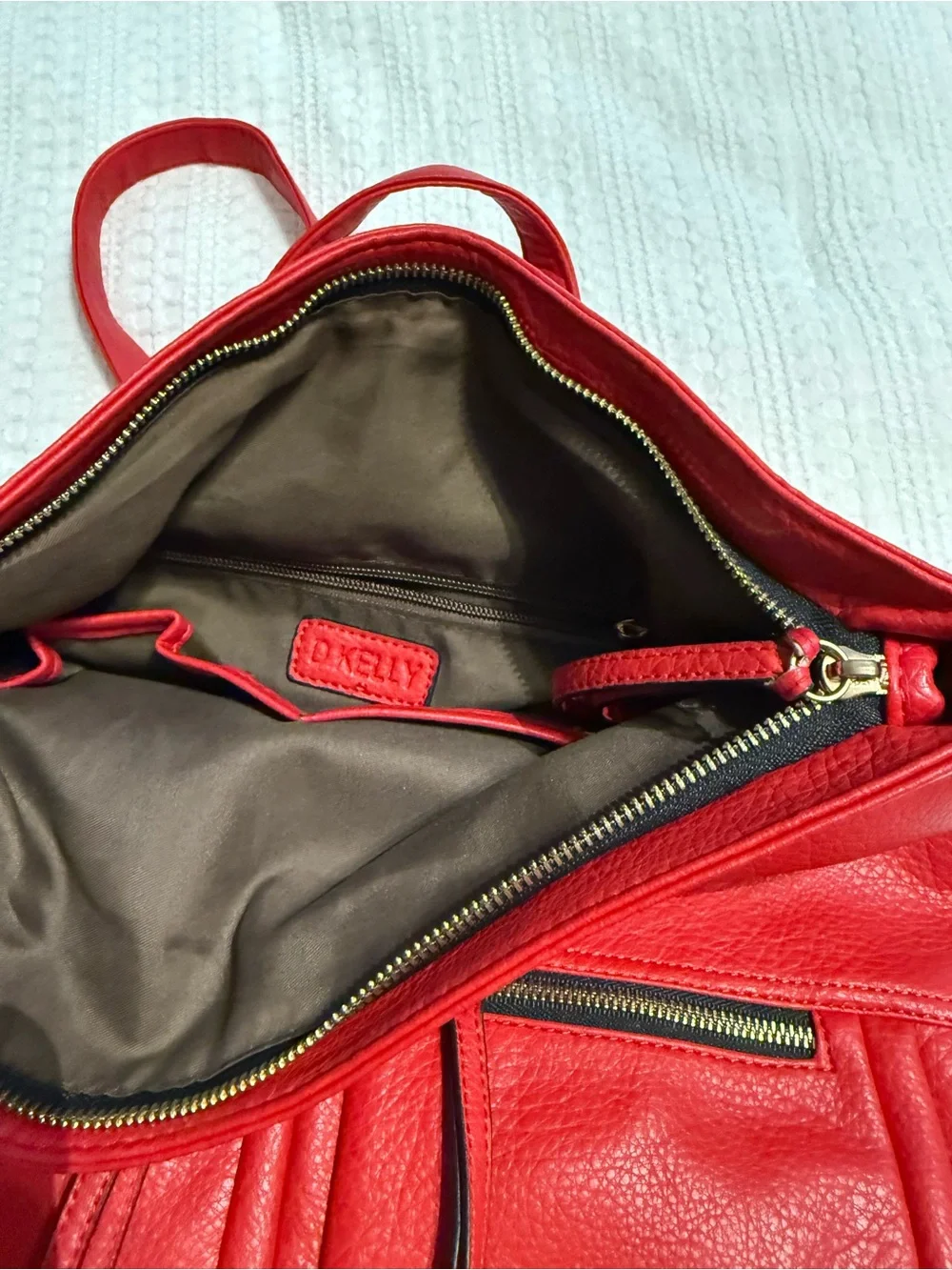 Red Leather Tote Bag with Front Zip Pockets from Japan